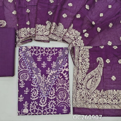 Dark purple modal maslin  unstitched salwar material, abstract printed all over,mirror work on yoke,(Lining Needed)cotton bottom, benarasi woven silk cotton stole with rich borders. OC260907