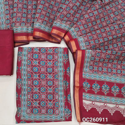 Dark pink printed silk cotton unstitched salwar material,ajrak printed yoke and daman, (lining needed)spun cotton bottom, printed full length soft silk cotton dupatta with zari woven borders. OC260911