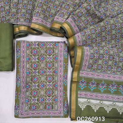 Green printed silk cotton unstitched salwar material,ajrak printed yoke and daman, (lining needed)spun cotton bottom, printed full length soft silk cotton dupatta with zari woven borders. OC260913
