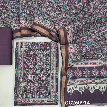 Deep wine purple printed silk cotton unstitched salwar material,ajrak printed yoke and daman, (lining needed)spun cotton bottom, printed full length soft silk cotton dupatta with zari woven borders. OC260914
