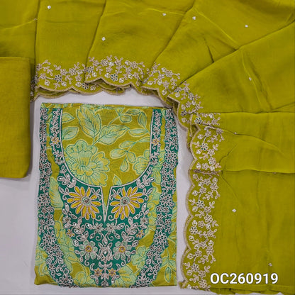 Mehandhi yellow organza unstitched salwar material,thread embroidery, zari and zardozi on yoke, floral printed all over,(lining needed)santoon bottom, sequins on pure organza dupatta with rich borders and scallop edges. OC260919