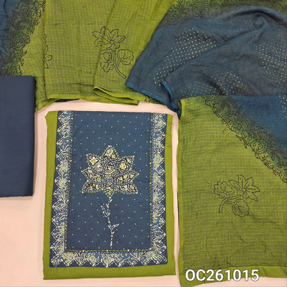 Leafy green premium dabu cotton unstitched salwar material,contrast yoke with applique work,hand embroidery, sequins and bead work on yoke,(soft,lining optional)indigo blue cotton bottom, dual shaded block printed fancy kota silk cotton dupatta. OC261015