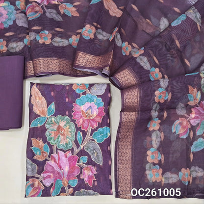 Dark purple silk cotton unstitched salwar material,floral design on yoke,zari buttas all over,floral printed with zari work on daman,(lining needed)cotton bottom,digital printed fancy silk cotton dupatta with zari woven borders. OC261005