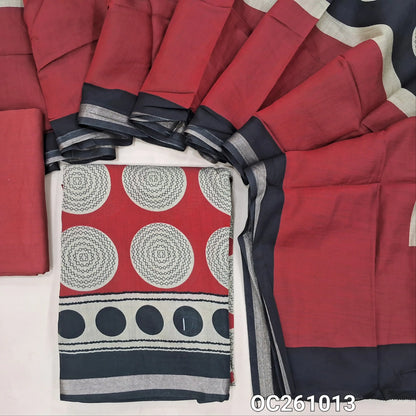 Reddish maroon digital printed silk cotton unstitched salwar material,polka design all over,(lining needed)spun cotton bottom, digital printed soft silk cotton dupatta with zari woven borders. OC261013