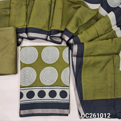 Mossy green digital printed silk cotton unstitched salwar material,polka design all over,(lining needed)spun cotton bottom, digital printed soft silk cotton dupatta with zari woven borders. OC261012