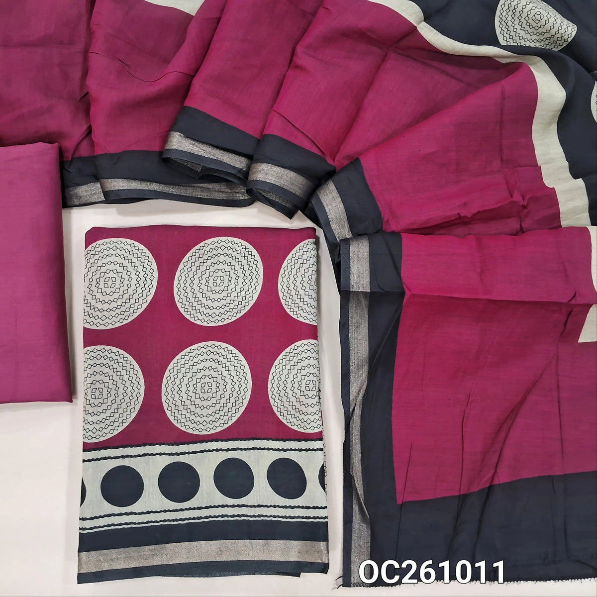 Dark pink digital printed silk cotton unstitched salwar material,polka design all over,(lining needed)spun cotton bottom, digital printed soft silk cotton dupatta with zari woven borders. OC261011