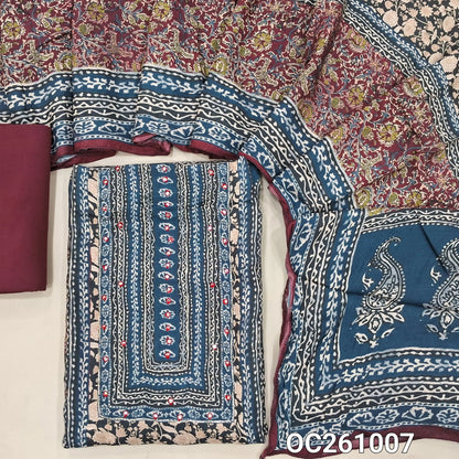 Maroon base maslin silk digital printed unstitched salwar material, printed yoke with faux mirror,panel design (Soft, Lining Needed)spun cotton bottom,printed maslin silk dupatta with pallu. OC261007