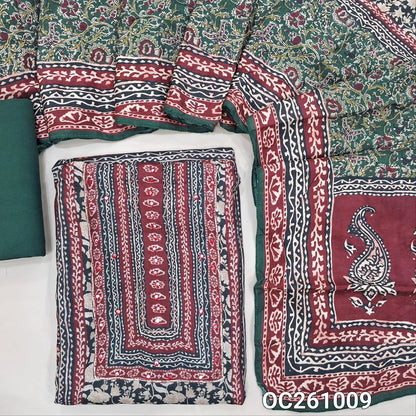 Dark green base maslin silk digital printed unstitched salwar material, printed yoke with faux mirror,panel design (Soft, Lining Needed)spun cotton bottom,printed maslin silk dupatta with pallu. OC261009