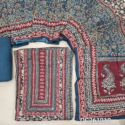 Dark blue base maslin silk digital printed unstitched salwar material, printed yoke with faux mirror,panel design (Soft, Lining Needed)spun cotton bottom,printed maslin silk dupatta with pallu. OC261010