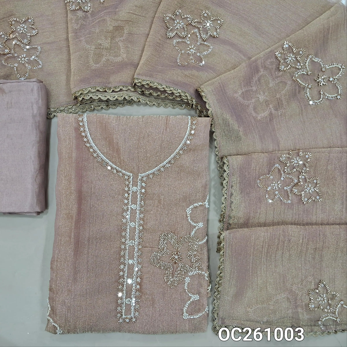 Pale pink with golden tint pure crinkled tissue organza silk unstitched salwar material,rich bead and zarodzi work on yoke and front,(lining needed)santoon bottom,rich bead work on crinkled tissue silk cotton dupatta with lace tapping. OC261003