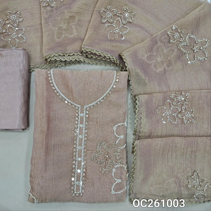Pale pink with golden tint pure crinkled tissue organza silk unstitched salwar material,rich bead and zarodzi work on yoke and front,(lining needed)santoon bottom,rich bead work on crinkled tissue silk cotton dupatta with lace tapping. OC261003