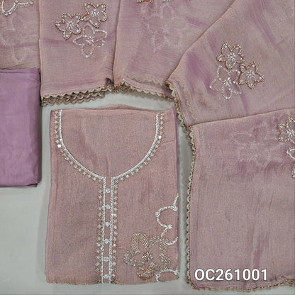 Salmon pink with golden tint pure crinkled tissue organza silk unstitched salwar material,rich bead and zarodzi work on yoke and front,(lining needed)santoon bottom,rich bead work on crinkled tissue silk cotton dupatta with lace tapping. OC261001