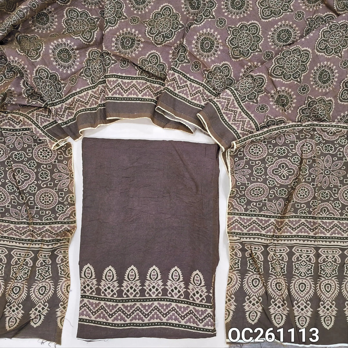 Dark & light deep wine purple mogra chanderi unstitched salwar material, printed daman,(Crinkled, Lining Needed) No Bottom, ajrak printed mogra chanderi dupatta(Tapping needed).  OC261113