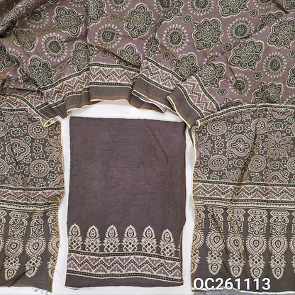 Dark & light deep wine purple mogra chanderi unstitched salwar material, printed daman,(Crinkled, Lining Needed) No Bottom, ajrak printed mogra chanderi dupatta(Tapping needed).  OC261113