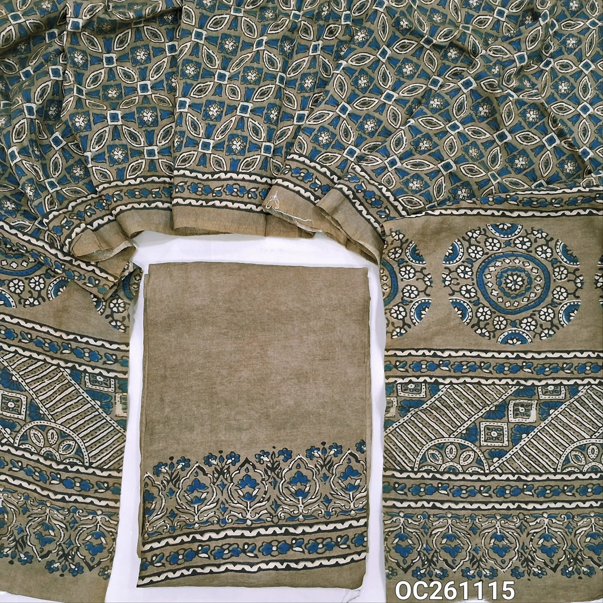 Dark & light beige mogra chanderi unstitched salwar material, printed daman,(Crinkled, Lining Needed) No Bottom, ajrak printed mogra chanderi dupatta(Tapping needed).  OC261115