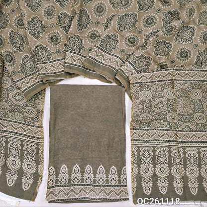 Dark grey mogra chanderi unstitched salwar material, printed daman,(Crinkled, Lining Needed) No Bottom, ajrak printed mogra chanderi dupatta(Tapping needed).  OC261118
