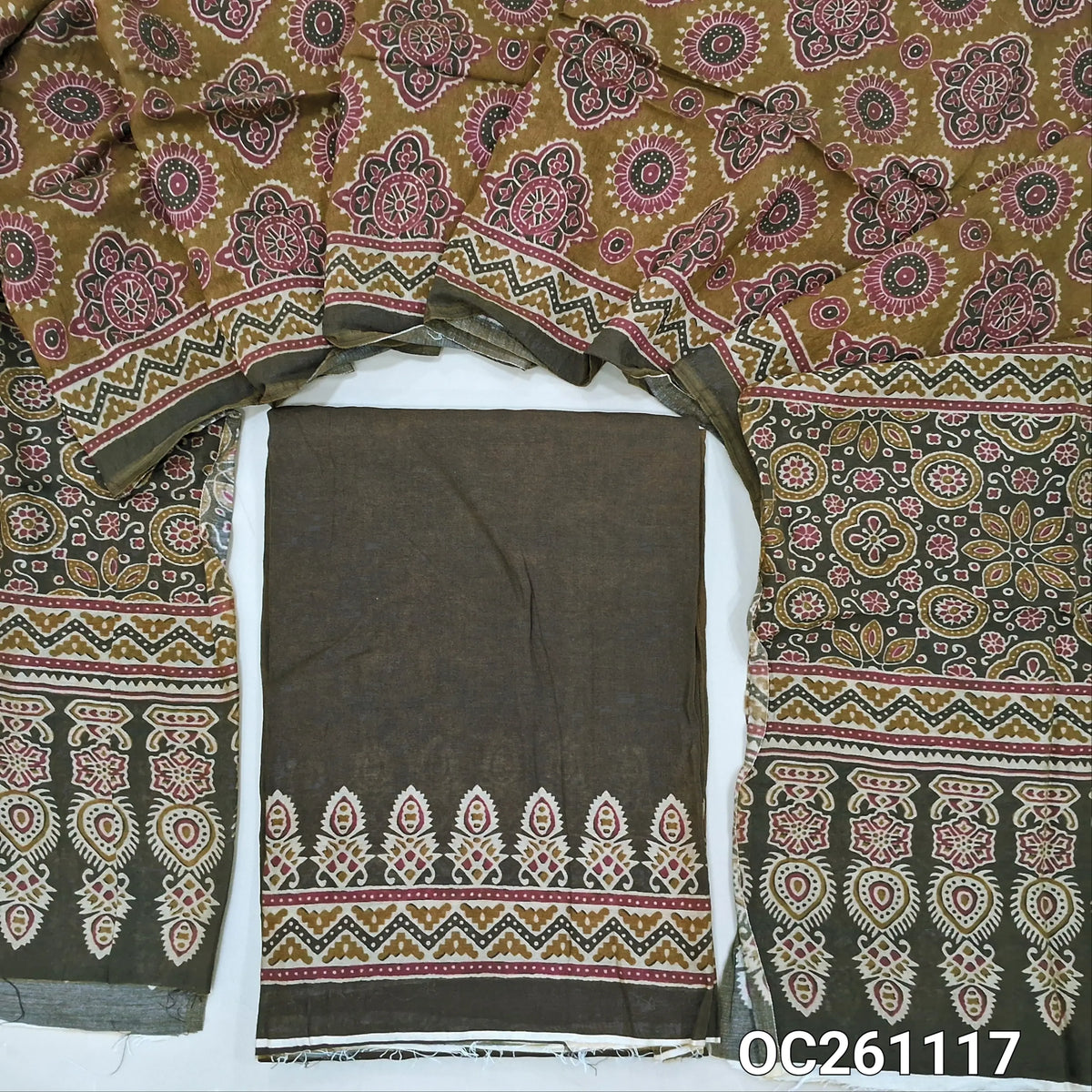 Dark brown mogra chanderi unstitched salwar material, printed daman,(Crinkled, Lining Needed) No Bottom, ajrak printed mogra chanderi dupatta(Tapping needed).  OC261116