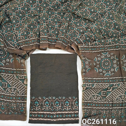 Dark brown mogra chanderi unstitched salwar material, printed daman,(Crinkled, Lining Needed) No Bottom, ajrak printed mogra chanderi dupatta(Tapping needed).  OC261117