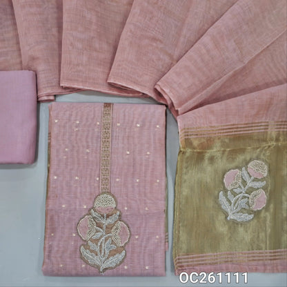 Pastel pink silk cotton unstitched salwar material,applique work and zari yoke, zari buttas all over,rich daman,(lining needed)santoon bottom,silk cotton dupatta with tissue pallu with applique work. OC261111
