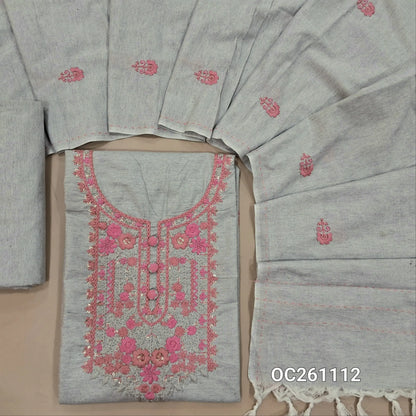 Light grey spun cotton unstitched salwar material,thread embroidery and sequins on yoke,(lining needed)spun cotton bottom, floral embroidery work on spun cotton dupatta with kantha stitch borders. OC261112