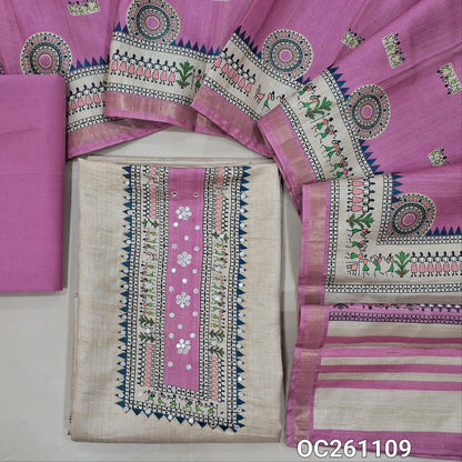 Beige semi gicha unstitched salwar material, warli printed with faux mirror work on yoke(thin fabric, lining needed)Pink cotton bottom, digital warli printed semi gicha dupatta with tissue borders. OC261109