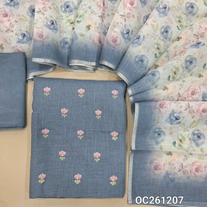 Blue semi linen unstitched salwar material,floral, embroidery work on front,(lining needed)santoon bottom,floral printed semi linen dupatta. OC261207