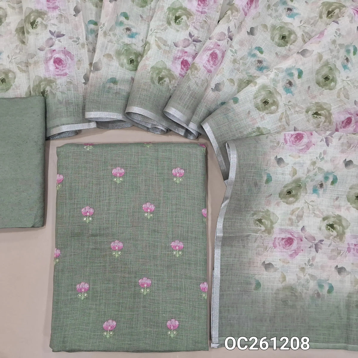 Cement green semi linen unstitched salwar material,floral, embroidery work on front,(lining needed)santoon bottom,floral printed semi linen dupatta. OC261208