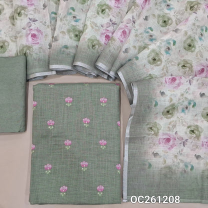 Cement green semi linen unstitched salwar material,floral, embroidery work on front,(lining needed)santoon bottom,floral printed semi linen dupatta. OC261208