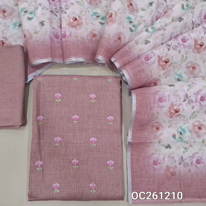 Pastel pink semi linen unstitched salwar material,floral, embroidery work on front,(lining needed)santoon bottom,floral printed semi linen dupatta. OC261210