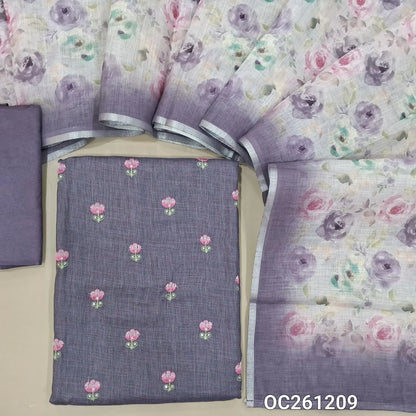 Dark purple semi linen unstitched salwar material,floral, embroidery work on front,(lining needed)santoon bottom,floral printed semi linen dupatta. OC261209