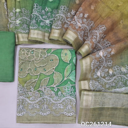Dark & light green dual shaded premium semi linen unstitched salwar material, digital prints with zari & real mirror work on daman,(Textured, Lining Needed)matching santoon bottom, zari buttas and printed premium semi linen dupatta with borders. OC261215
