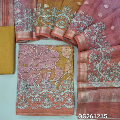 Pink& peach dual shaded premium semi linen unstitched salwar material, digital prints with zari and real mirror work on daman,(Textured, Lining Needed)matching santoon bottom, zari buttas and printed premium semi linen dupatta with borders. OC261216