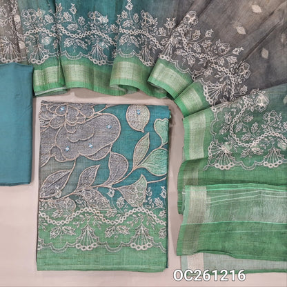 Green & blue dual shaded premium semi linen unstitched salwar material, digital prints with zari and real mirror work on daman,(Textured, Lining Needed)matching santoon bottom, zari buttas and printed premium semi linen dupatta with borders. OC261217