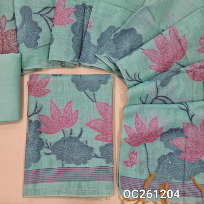 Pastel blue silk cotton unstitched salwar material,weaving buttas on front,thread weaving on daman,(lining needed)spun cotton bottom, rich weaving on full length silk cotton dupatta. OC261204