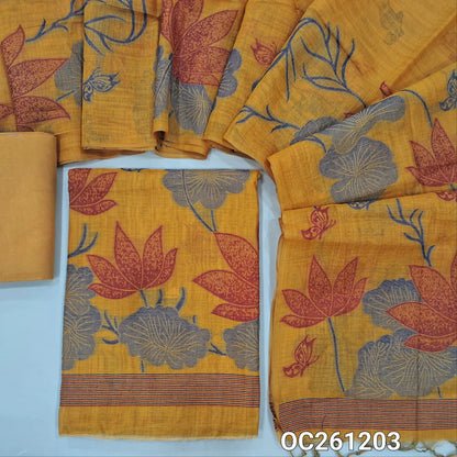 Orange silk cotton unstitched salwar material,weaving buttas on front,thread weaving on daman,(lining needed)spun cotton bottom, rich weaving on full length silk cotton dupatta. OC261203