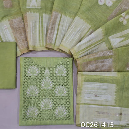 Pastel green premium silk cotton unstitched salwar material, cut work and applique work on yoke, (soft, lining needed)silky bottom,jamdani woven silk cotton dupatta. OC261413