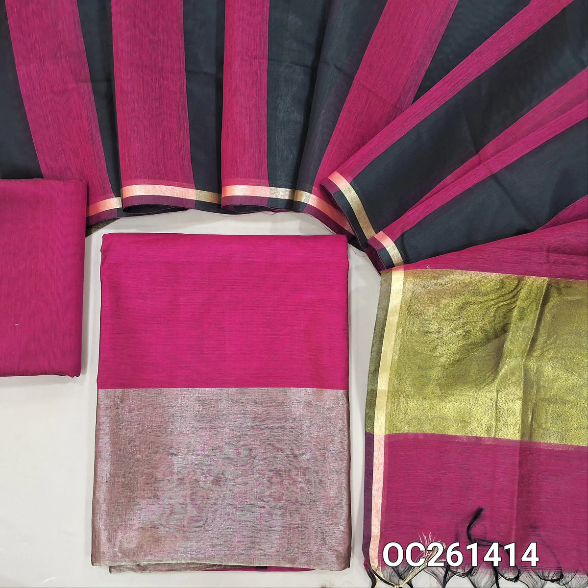 Bright Pink premium silk cotton unstitched salwar material tissue borders on daman,(soft, lining optional) matching silk cotton bottom, dual shade premium silk cotton dupatta tissue borders on pallu. OC261414