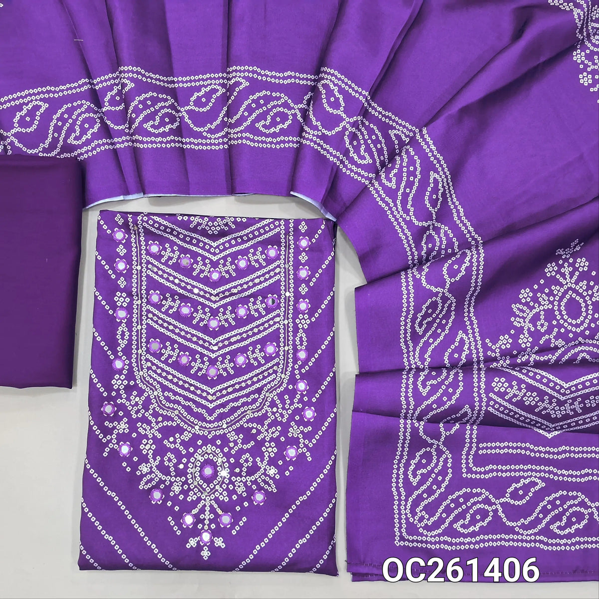 Dark purple bandhini printed premium satin silk unstitched salwar material, real mirror and sequins on yoke,(lining needed)spun cotton bottom, bandhini printed  satin silk dupatta. OC261406