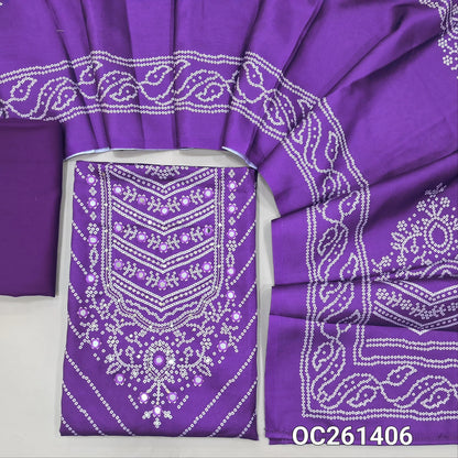 Dark purple bandhini printed premium satin silk unstitched salwar material, real mirror and sequins on yoke,(lining needed)spun cotton bottom, bandhini printed  satin silk dupatta. OC261406