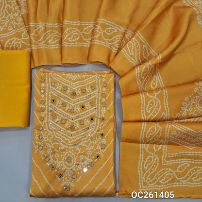 Mango yellow bandhini printed premium satin silk unstitched salwar material, real mirror and sequins on yoke,(lining needed)spun cotton bottom, bandhini printed  satin silk dupatta. OC261405
