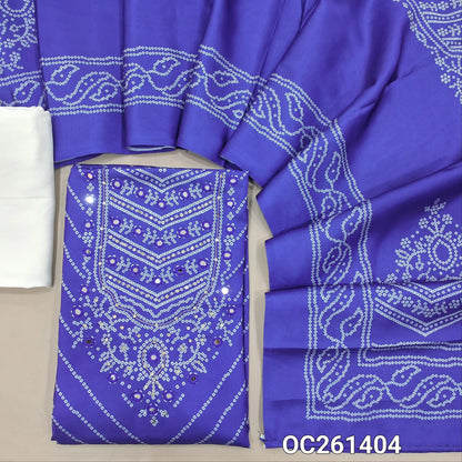 Royal blue bandhini printed premium satin silk unstitched salwar material, real mirror and sequins on yoke,(lining needed)off white spun cotton bottom, bandhini printed  satin silk dupatta. OC261404