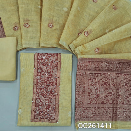 Pastel yellow jamdani woven premium silk cotton unstitched salwar material, zari weaving with thread and faux mirror on yoke,buttas all over, (thin, lining needed)spun cotton bottom, buttas on silk cotton dupatta with rich pallu. OC261411