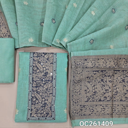 Pastel blue jamdani woven premium silk cotton unstitched salwar material, zari weaving with thread and faux mirror on yoke,buttas all over, (thin, lining needed)spun cotton bottom, buttas on silk cotton dupatta with rich pallu. OC261409