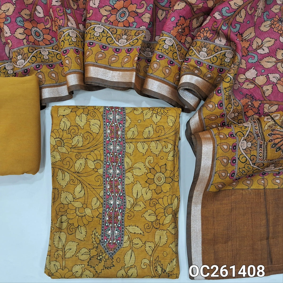 Mehandhi yellow chanderi silk cotton unstitched salwar material,printed yoke with pearl bead & sequins,kalamkari printed all over,(lining needed)spun cotton bottom, kalamkari printed chanderi silk cotton dupatta with pallu & tissue borders. OC261408