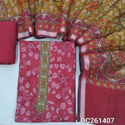 Dark pink chanderi silk cotton unstitched salwar material,printed yoke with pearl bead & sequins,kalamkari printed all over,(lining needed)spun cotton bottom, kalamkari printed chanderi silk cotton dupatta with pallu & tissue borders. OC261407
