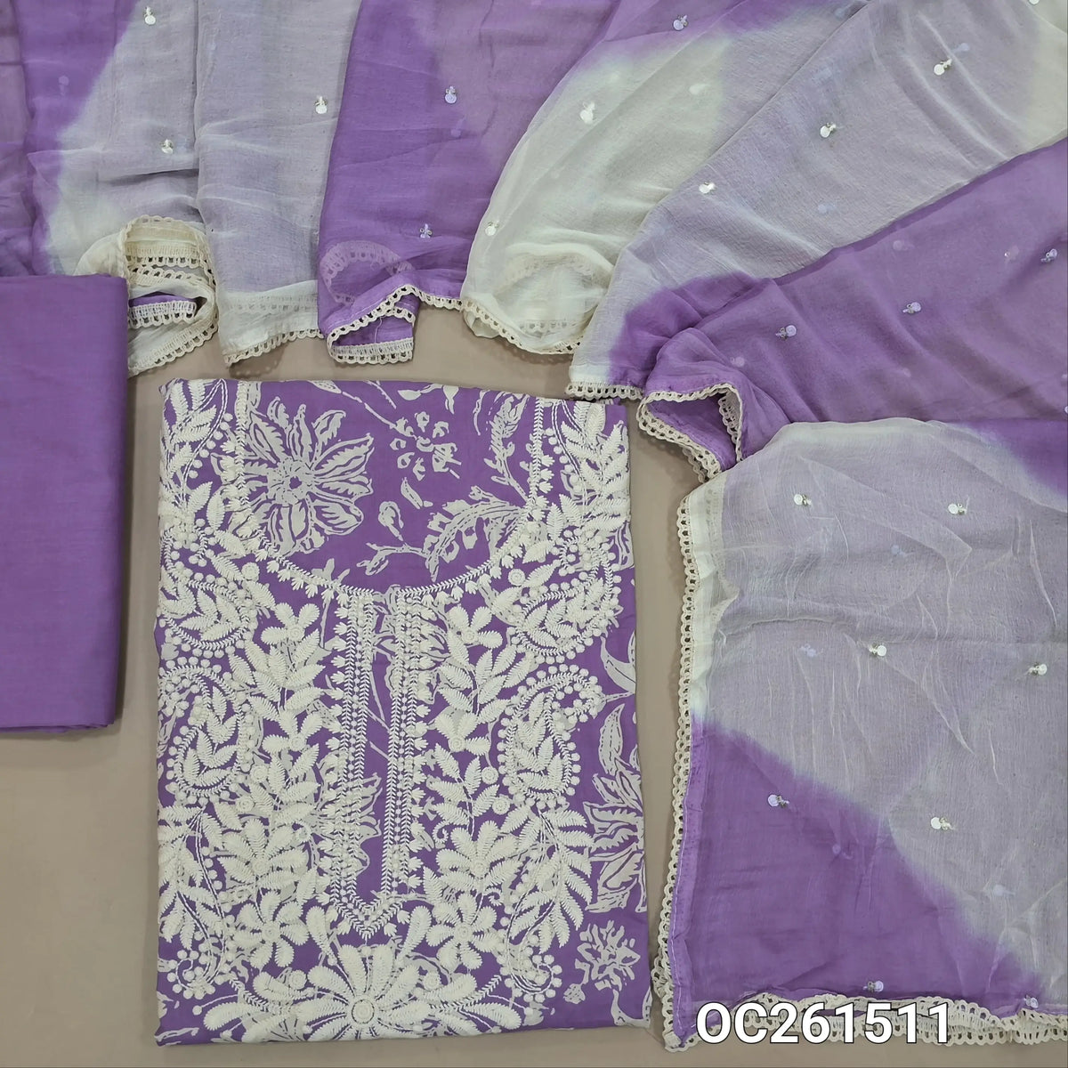 Lavender soft pure cotton unstitched salwar material, chikankari embroidery on yoke,printed all over,(Soft, Lining Needed)cotton bottom, thread and sequins work on dual shaded fancy chiffon dupatta with lace tapping. OC261511