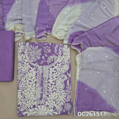 Lavender soft pure cotton unstitched salwar material, chikankari embroidery on yoke,printed all over,(Soft, Lining Needed)cotton bottom, thread and sequins work on dual shaded fancy chiffon dupatta with lace tapping. OC261511