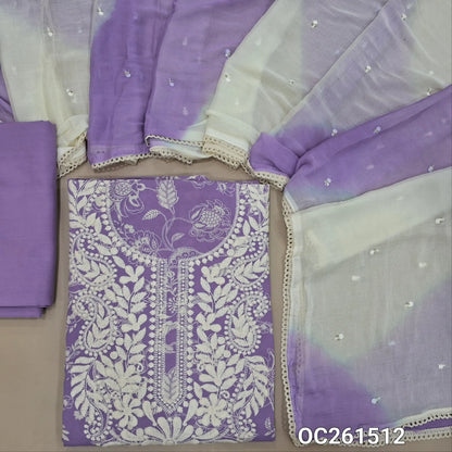 Lavender soft pure cotton unstitched salwar material, chikankari embroidery on yoke,printed all over,(Soft, Lining Needed)cotton bottom, thread and sequins work on dual shaded fancy chiffon dupatta with lace tapping. OC261512