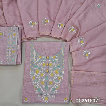 Pastel pink slub silk cotton unstitched salwar material,embroidery work on yoke,( lining needed) embroidered slub silk cotton bottom, embroidery work on silk cotton dupatta. OC261507