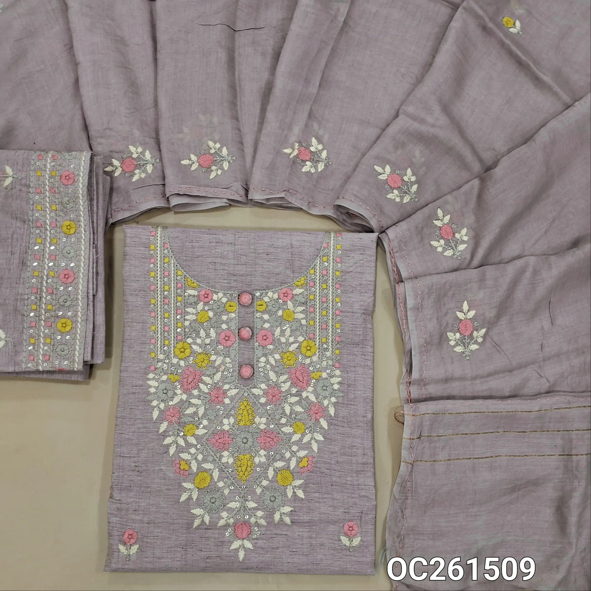 Lavender slub silk cotton unstitched salwar material,embroidery work on yoke,( lining needed) embroidered slub silk cotton bottom, embroidery work on silk cotton dupatta. OC261509